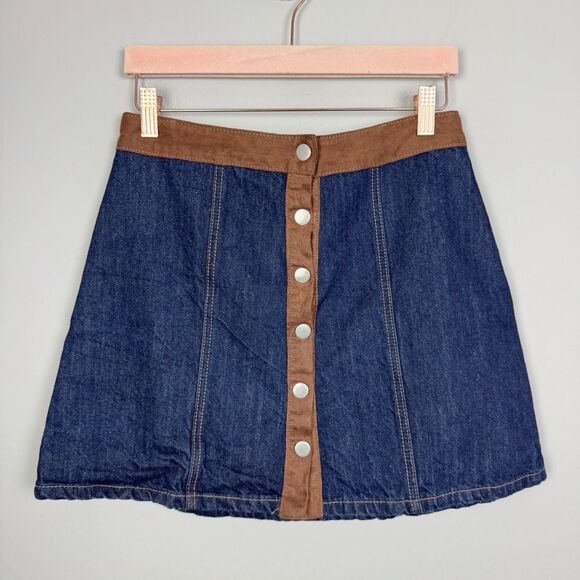 INDIGO REIN | Denim Button Front Mini Skirt Faux Suede Trim Women’s Size Medium - Picture 1 of 6